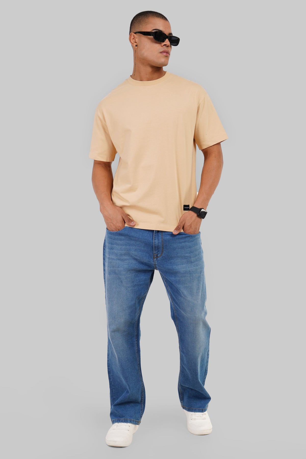 Solid Beige Half Sleeves T-Shirt For Men Oversized Fit