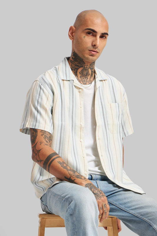 Blue Striped Textured Cuban Collar Shirt