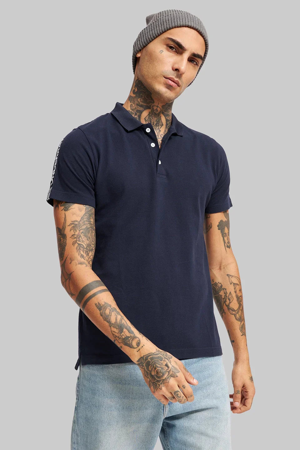 Pack of 3 Men's Polo T-shirt combo - Tapework White/ Navy/ Colourblocked navy