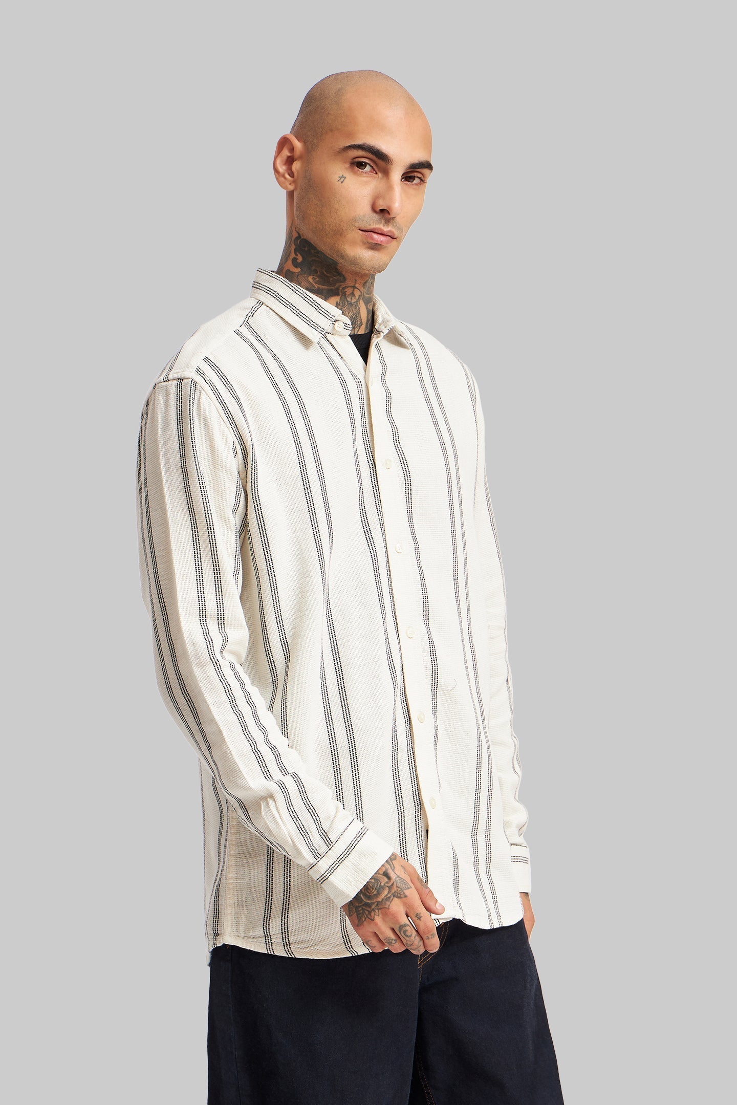 Off White Striped Textured Shirt