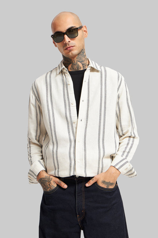 Off White Striped Textured Shirt