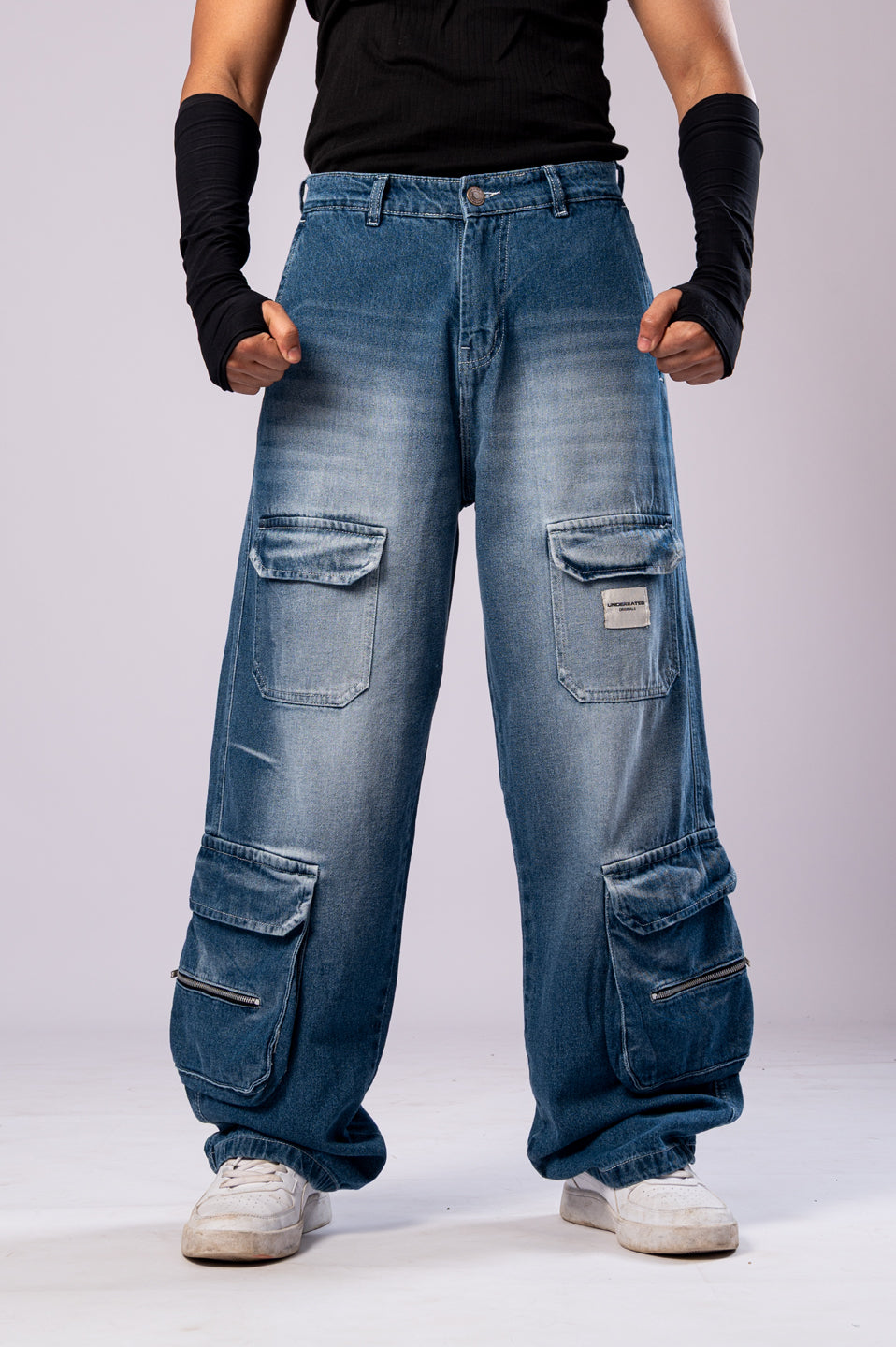 Faded Blue 8-Pocket Baggy Cargo Jeans for Men