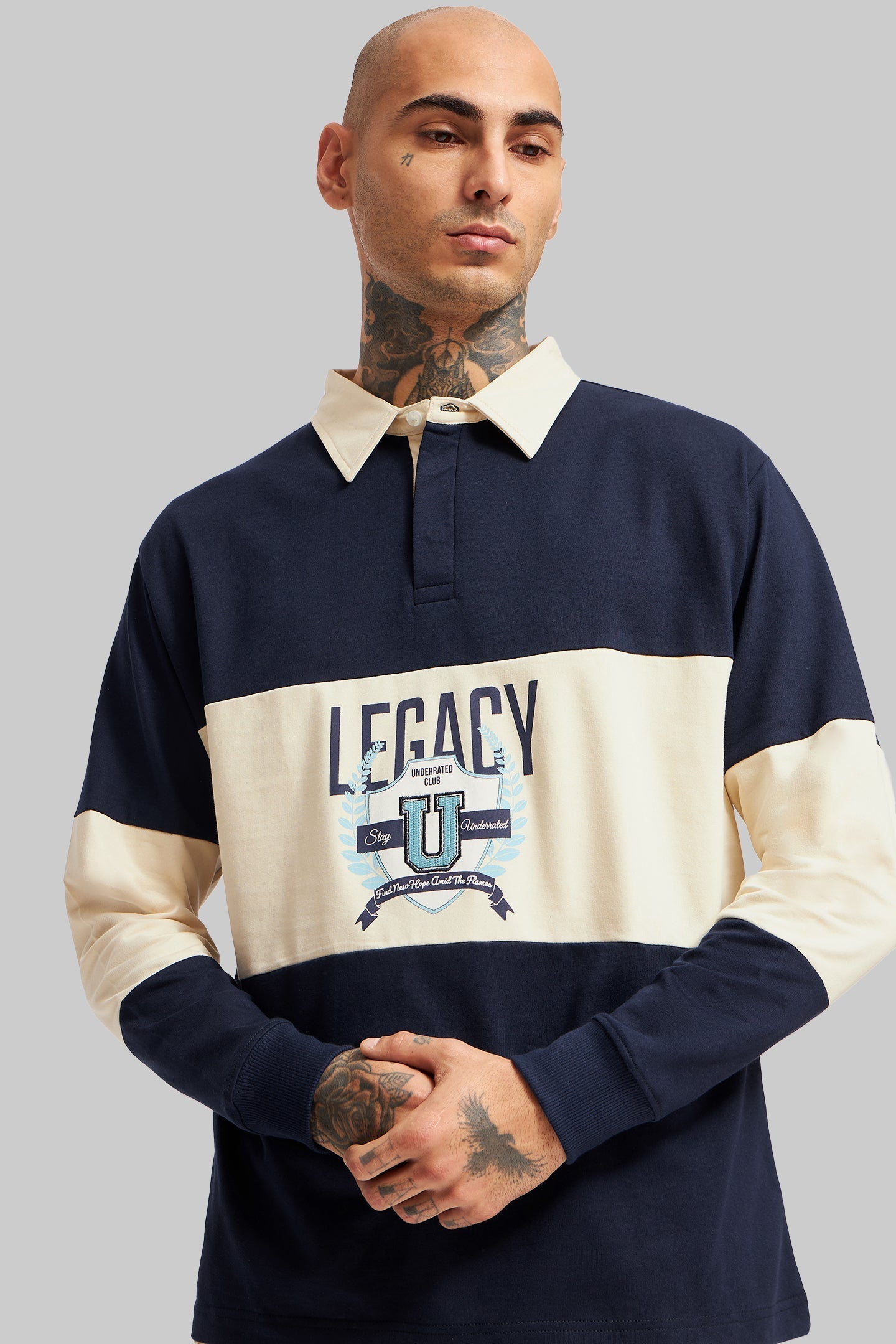 Navy and Beige Men's Polo