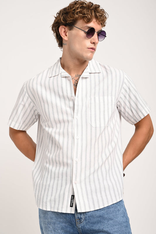 White Striped Cuban Collar Shirt