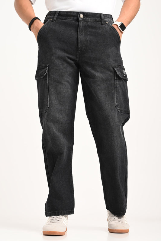 Black 6-Pocket Cargo Jeans For Men - Mid Rise Relaxed Fit