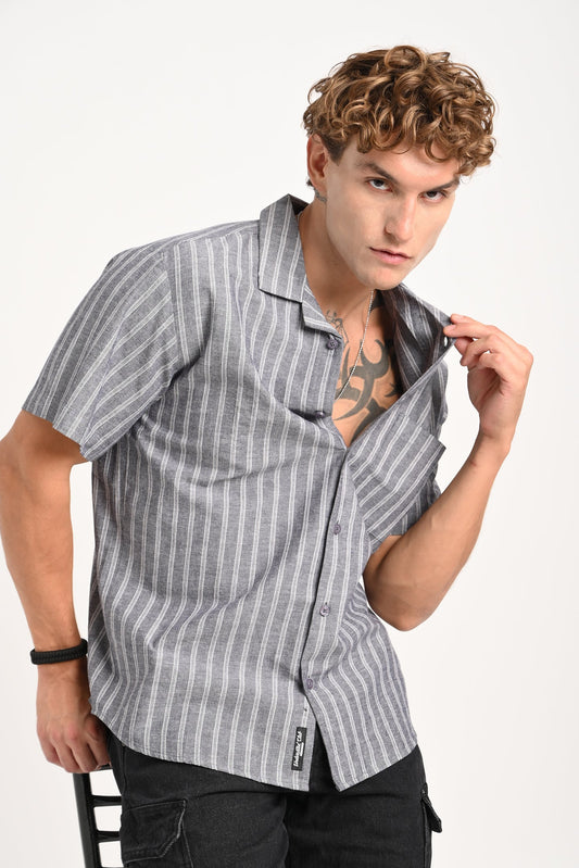 Grey Striped Cuban Collar Shirt
