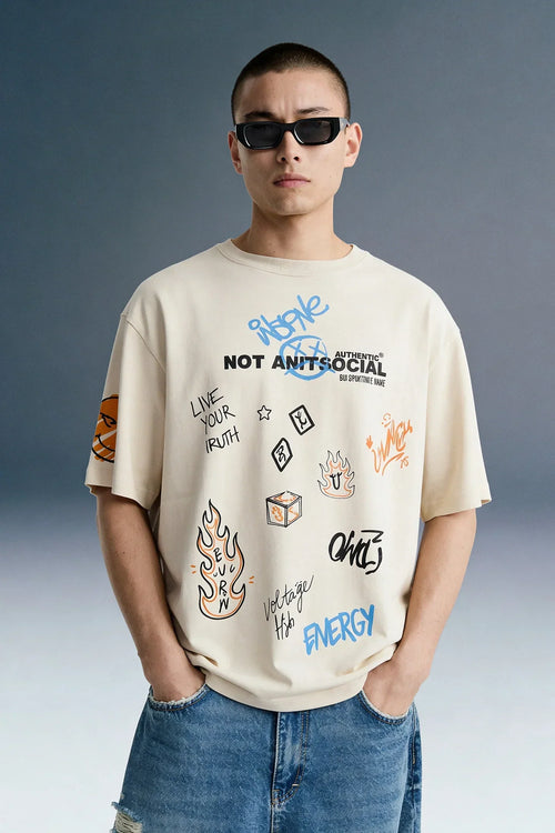 Not Antisocial Light Beige Oversized T-shirt Men