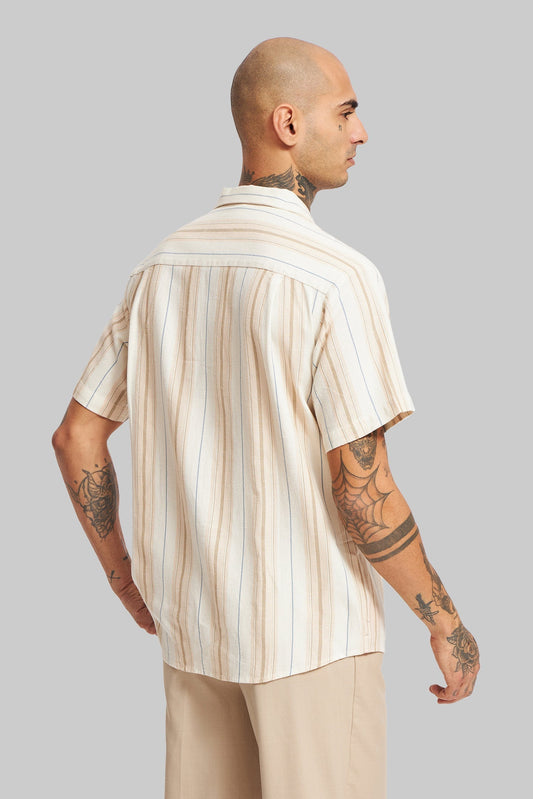 Beige Striped Textured Cuban Collar Shirt