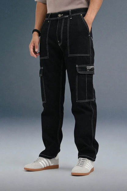 Black 6-Pocket Cargo Jeans for Men - Mid Rise Regular Fit