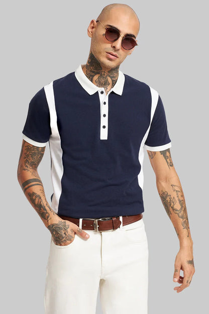 Pack of 2 Men's Colourblocked Polo T-shirt combo - White/ Navy