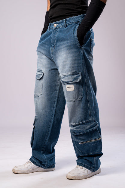 Faded Blue 8-Pocket Baggy Cargo Jeans for Men