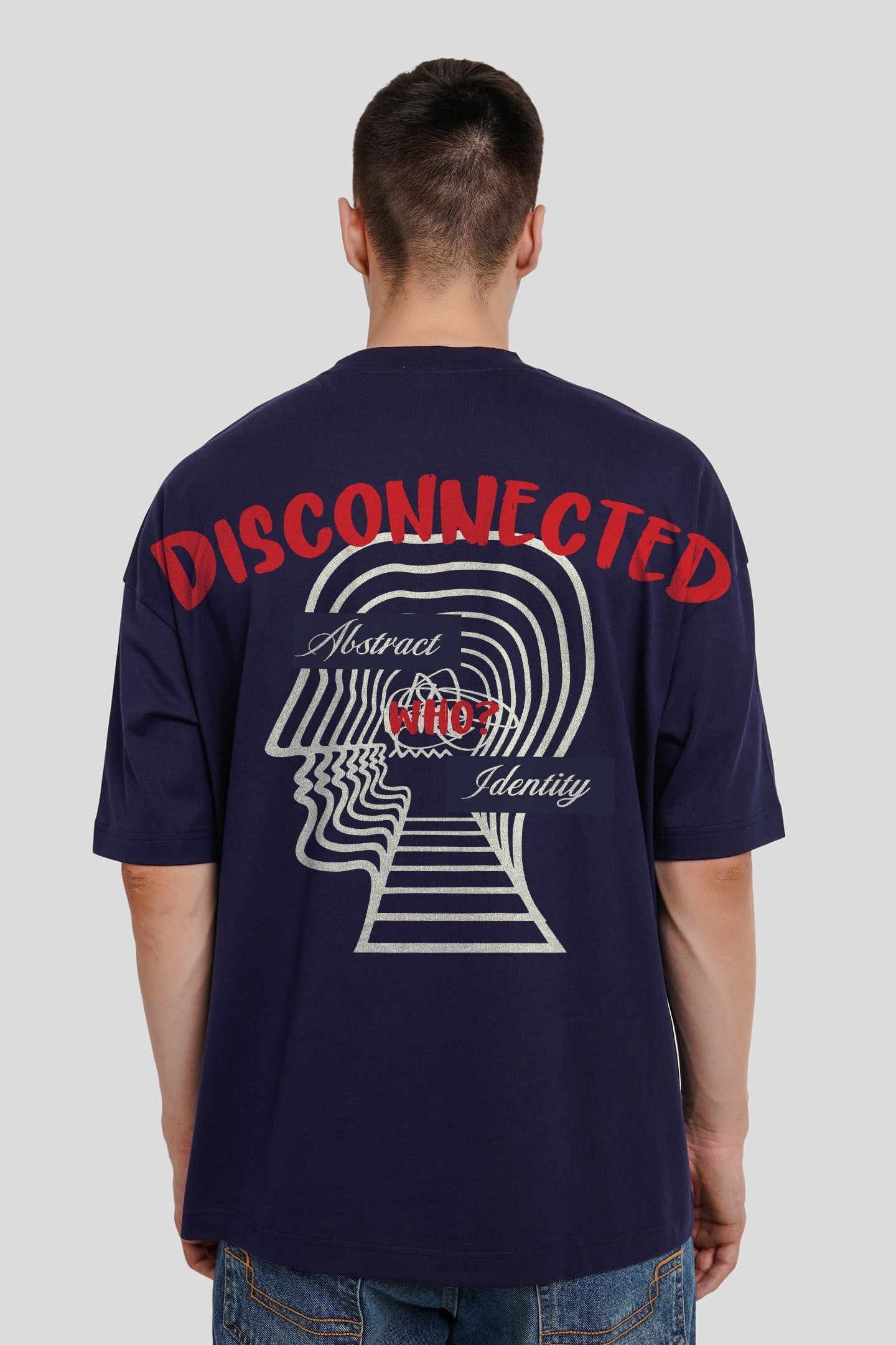 Abstract Disconnected Mind Print Navy Blue Baggy Fit T-Shirt Men