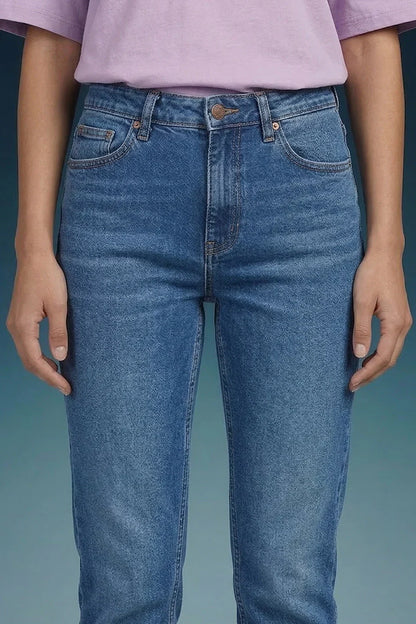 Blue Mid Rise Straight Women Jeans