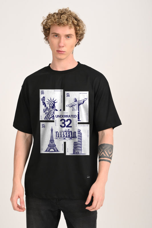 World Tour Stamps Black Oversized Fit T-Shirt Men