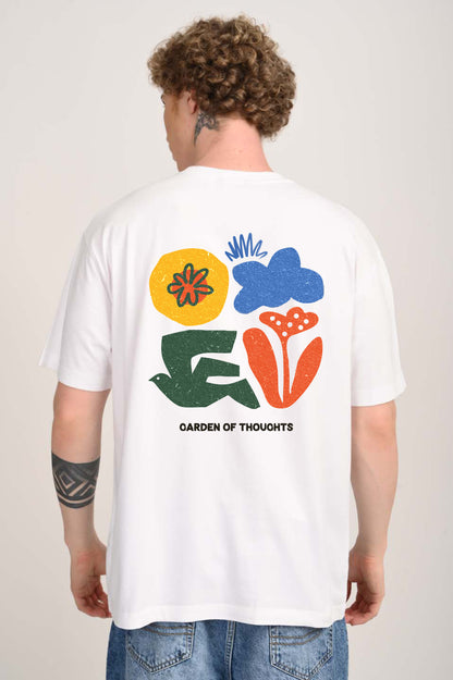 Garden of Thoughts Botanical Print White Oversized Fit T-Shirt Men