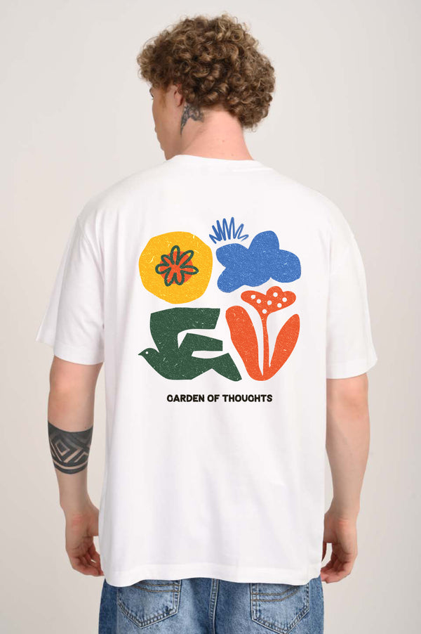 Garden of Thoughts Botanical Print White Oversized Fit T-Shirt Men