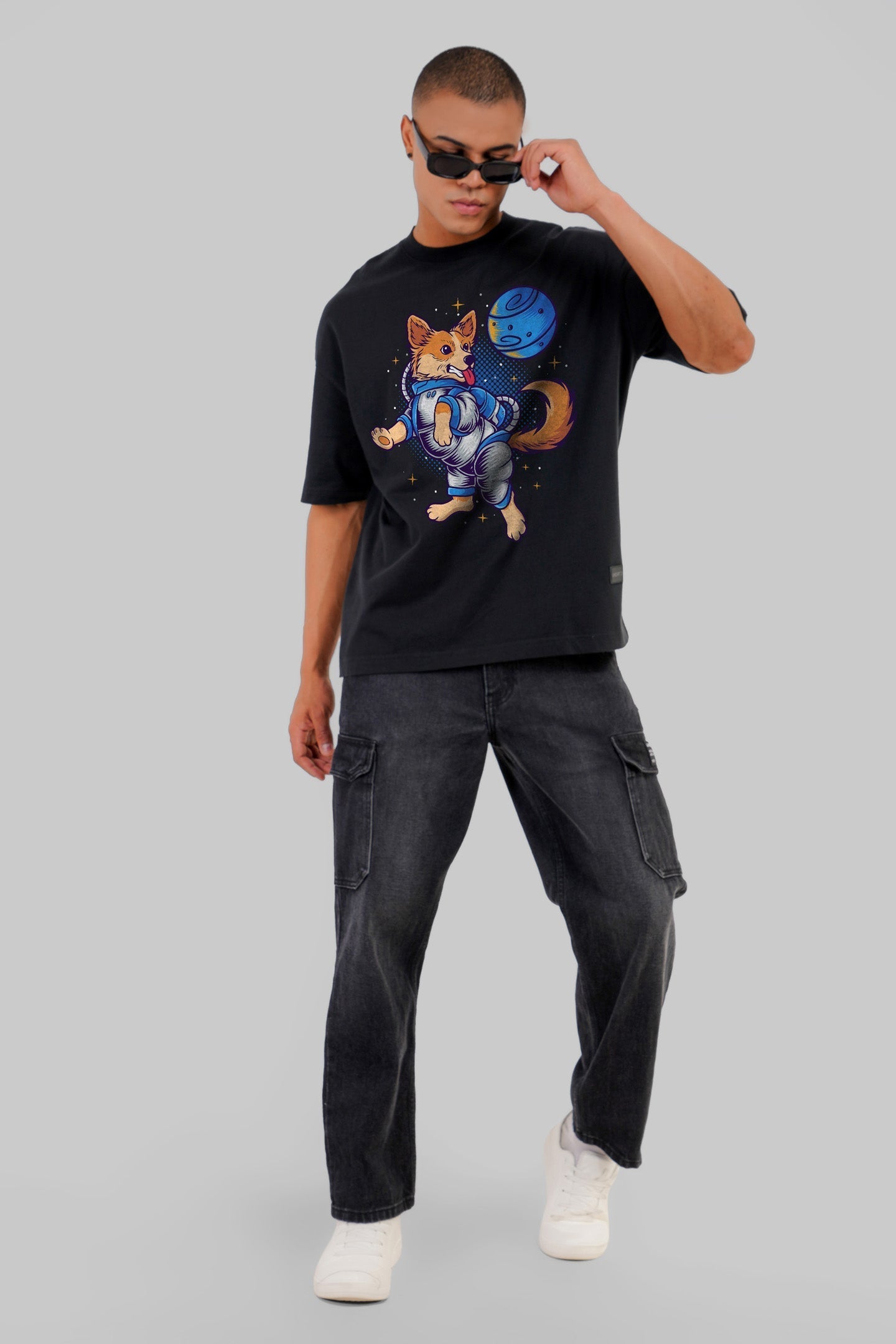 Space Dog Black Baggy Fit T-Shirt Men