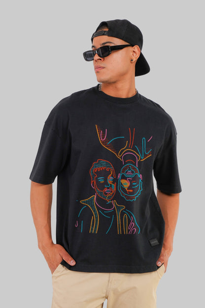 Two Men Line Art Black Baggy Fit T-Shirt Men