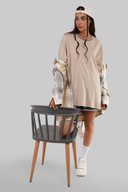 Beige Neck Logo Print Oversized T-Shirt For Women