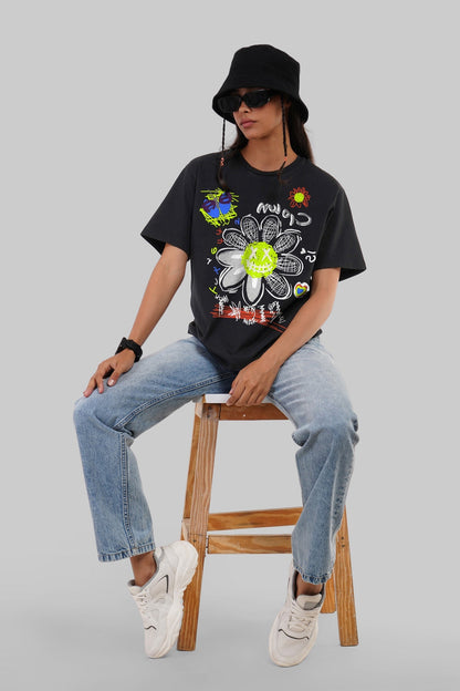 Chalk Flower Black Boyfriend Fit T-Shirt Women