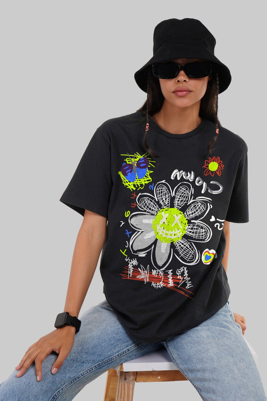 Chalk Flower Black Boyfriend Fit T-Shirt Women