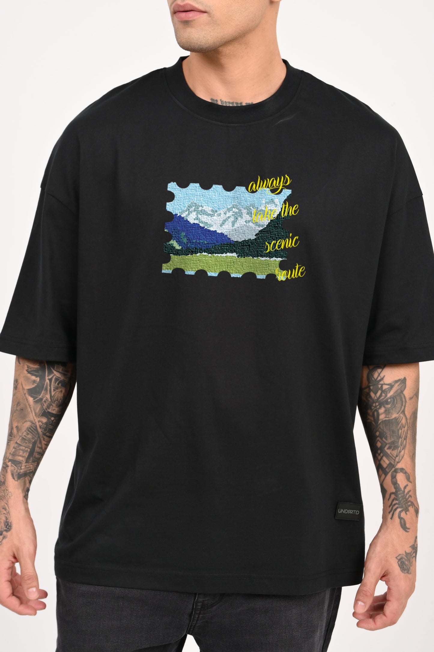 Scenic Route Postcard Black Baggy Fit T-Shirt Men