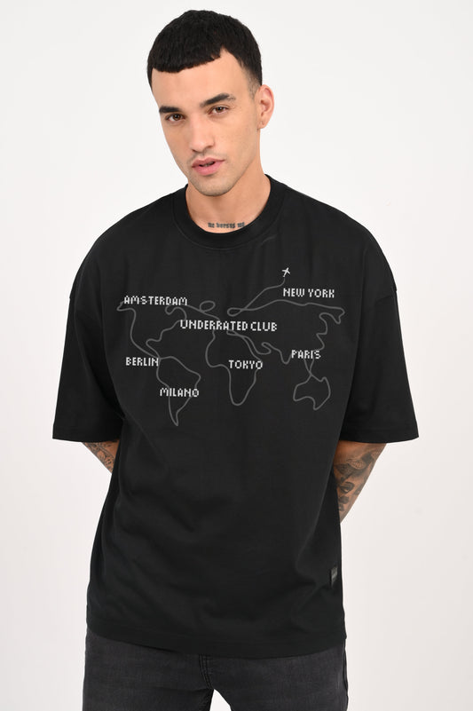 World Map Travel Black Baggy Fit T-Shirt Men