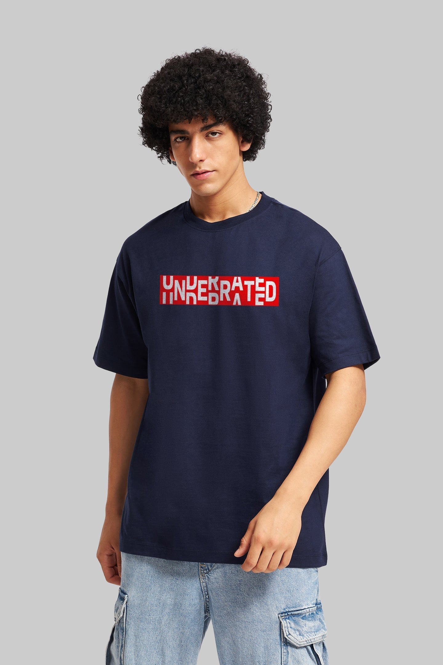 Boxed Underrated Navy Blue Oversized Fit T-Shirt Men