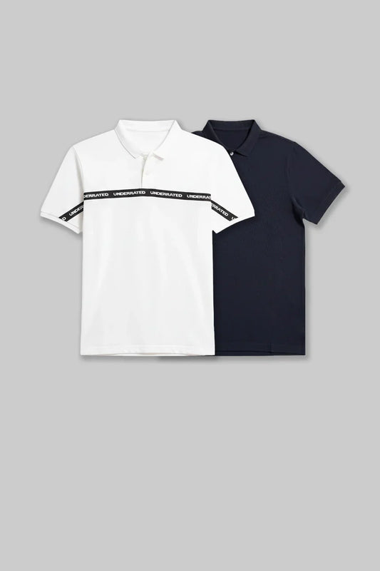 Pack of 2 Men's Polo T-shirt combo - Tapework White/ Navy