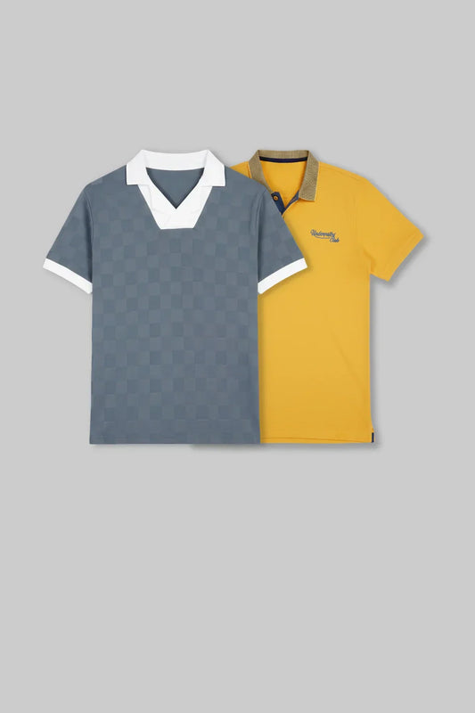 Pack of 2 Contrast collar Polo T-shirt combo - Grey/ Yellow