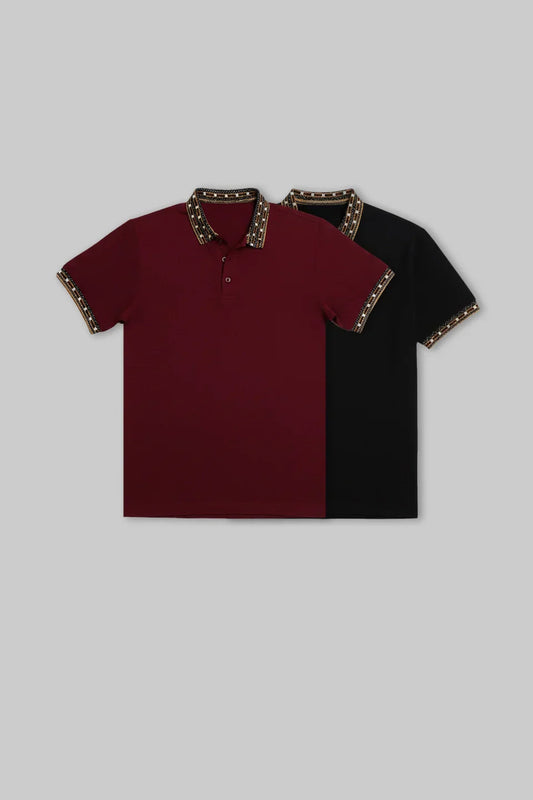 Pack of 2 Patchwork Collar Polo T-shirt combo - Black /Maroon