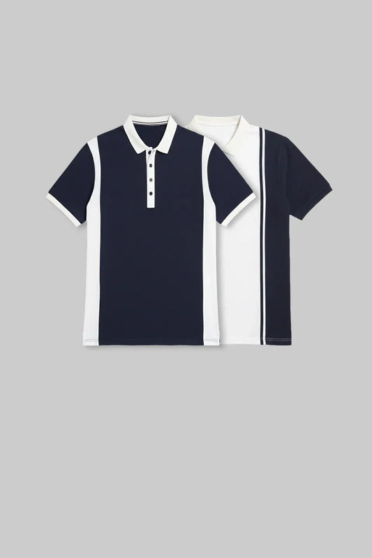 Pack of 2 Men's Colourblocked Polo T-shirt combo - White/ Navy