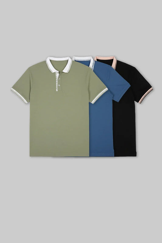 Pack of 3 Contrast Collar Polo T-shirt combo -Blue/Light Green/ Black