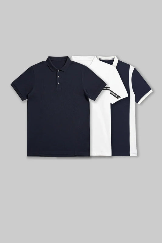 Pack of 3 Men's Polo T-shirt combo - Tapework White/ Navy/ Colourblocked navy