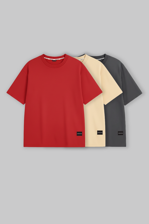 Pack of 3 Oversized Fit T-shirts - Red/Beige/Grey