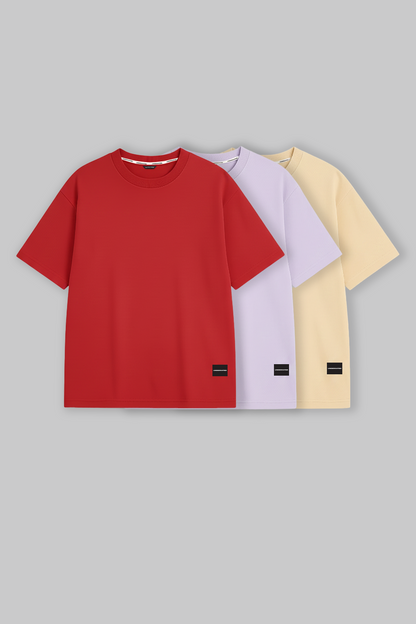 Pack of 3 Oversized Fit T-shirts - Red/Lilac/Beige